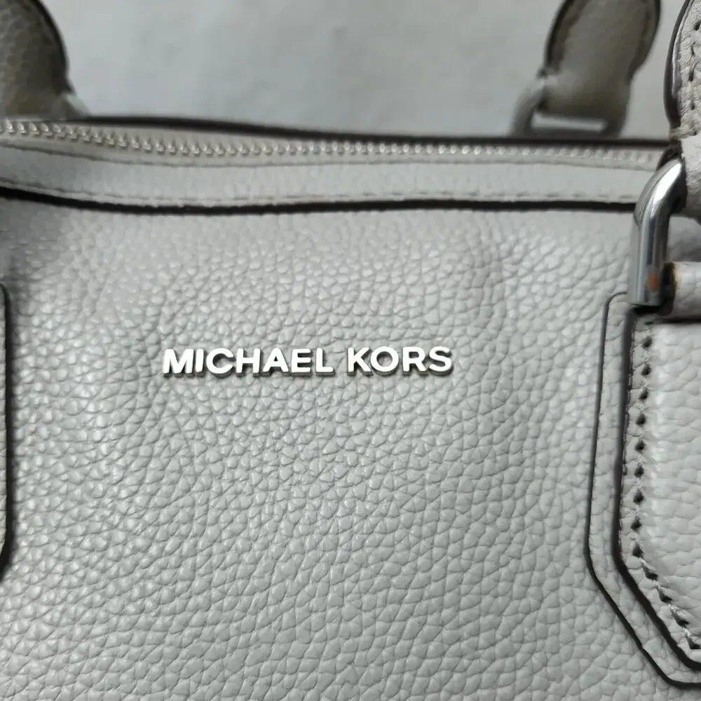 Michael Kors Mercer Gray Pebbled Leather Double Handles Zipper Satchel Bag
